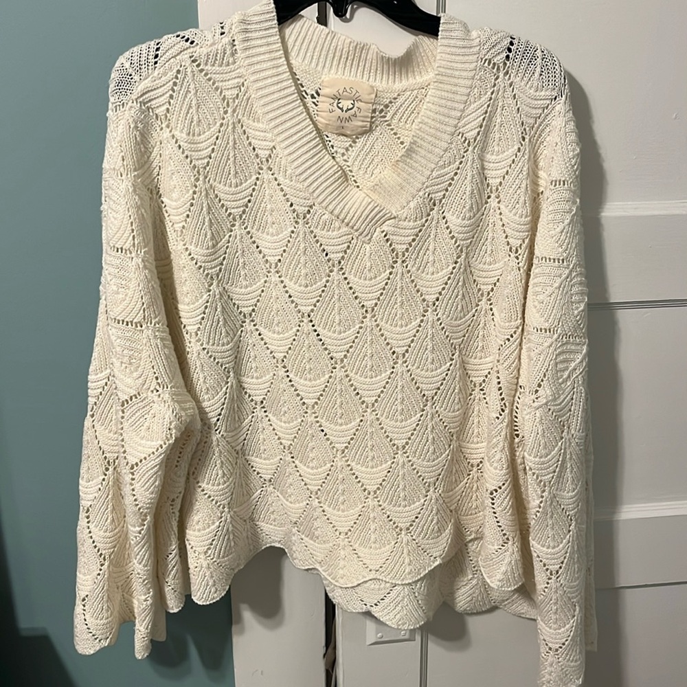 Scalloped bell sleeve cotton sweater